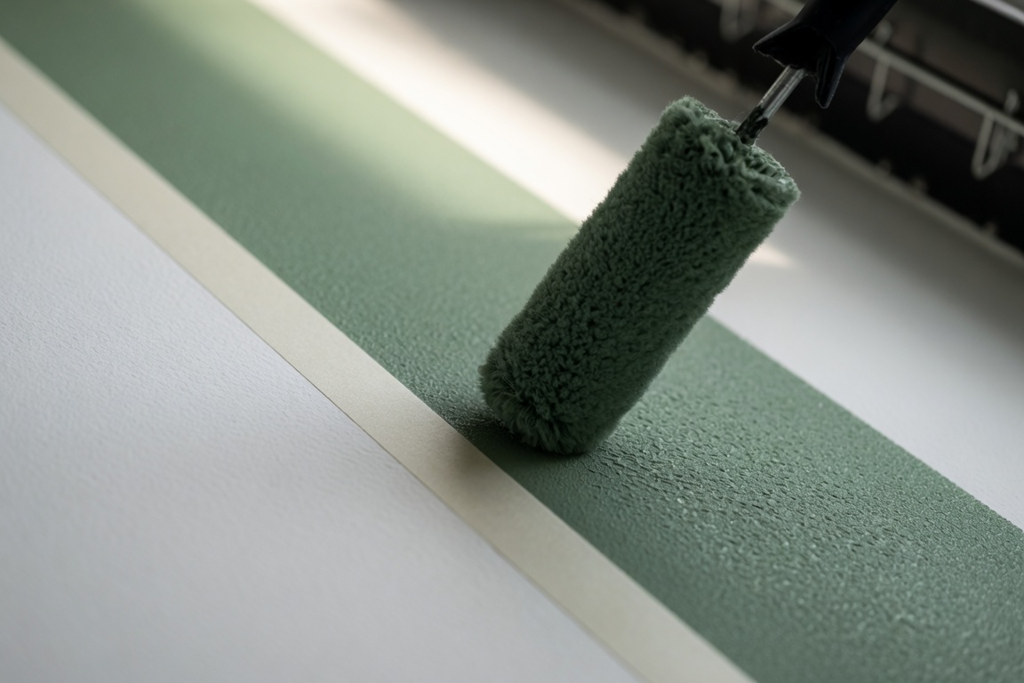 Paint roller laying a crisp sage green stripe along a taped edge